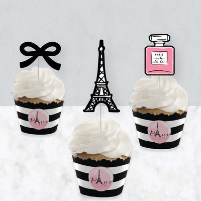 Paris, Ooh La La - Cupcake Decorations - Paris Themed Baby Shower or Birthday Party Cupcake Wrappers and Treat Picks Kit - Set of 24