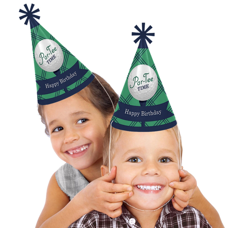 Par-Tee Time - Golf - Cone Happy Birthday Party Hats for Kids and Adults - Set of 8 (Standard Size)