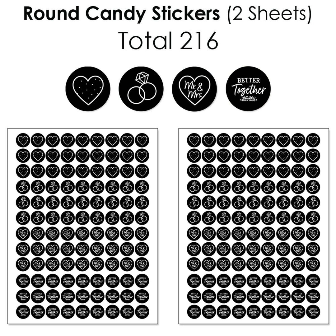 Mr. and Mrs. - Mini Candy Bar Wrappers, Round Candy Stickers and Circle Stickers - Black and White Wedding or Bridal Shower Candy Favor Sticker Kit - 304 Pieces