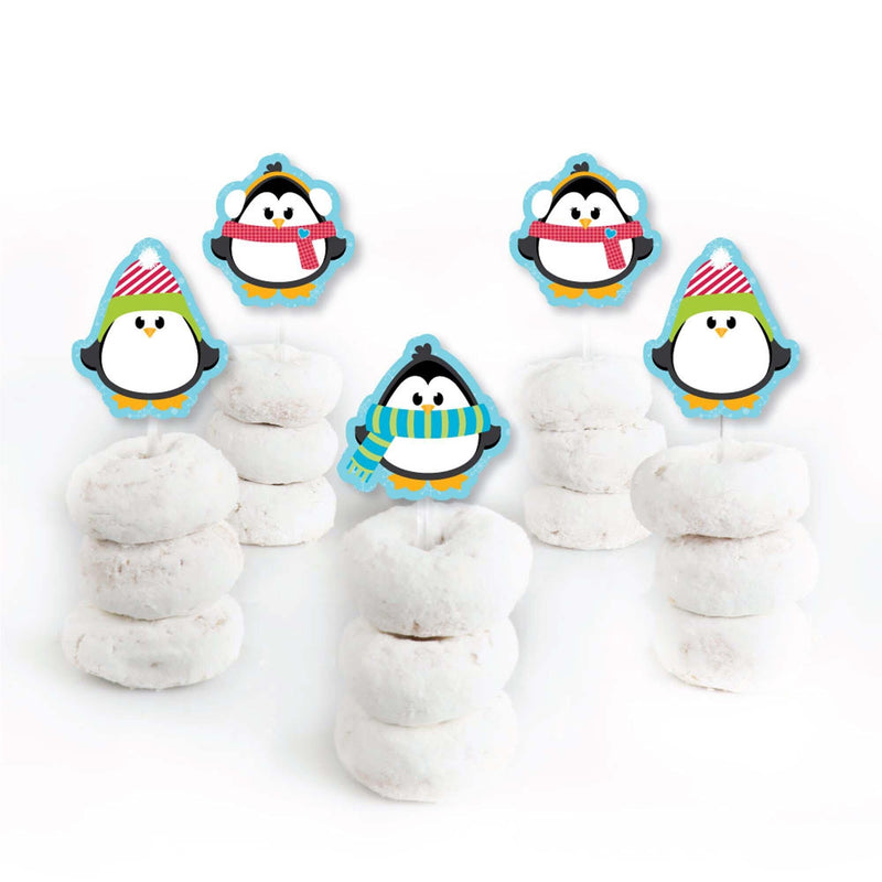 Holly Jolly Penguin - Dessert Cupcake Toppers - Holiday & Christmas Party Clear Treat Picks - Set of 24