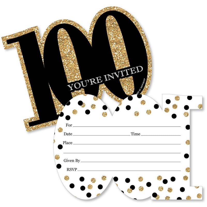 Adult 100th Birthday - Gold - Shaped Fill-In Invitations - Birthday Party Invitation Cards with Envelopes - Set of 12