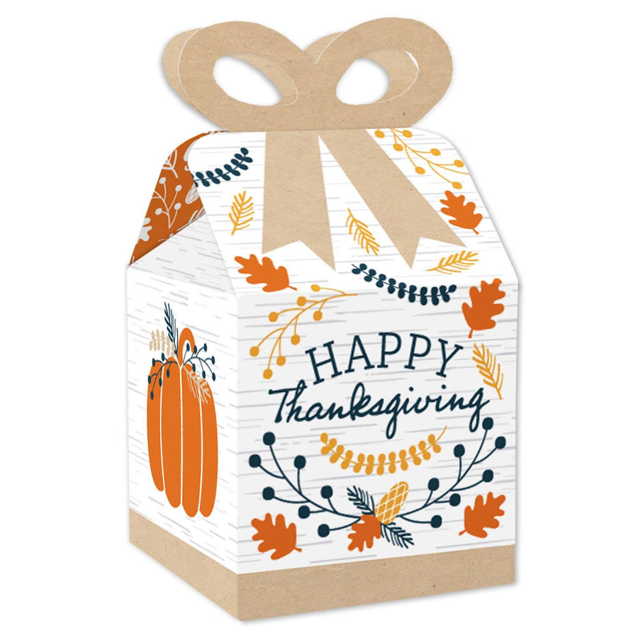 Happy Thanksgiving - Square Favor Gift Boxes - Fall Harvest Party Bow Boxes - Set of 12