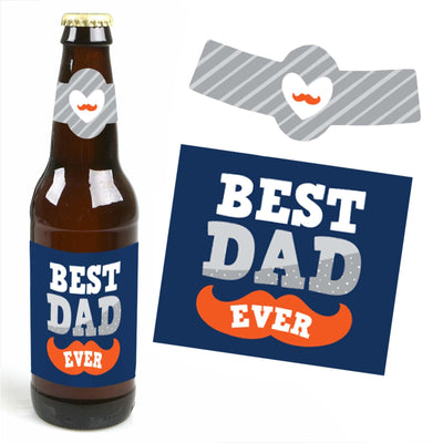 Happy Father's Day - We Love Dad Party Decorations for Women and Men - 6 Beer Bottle Label Stickers and 1 Carrier