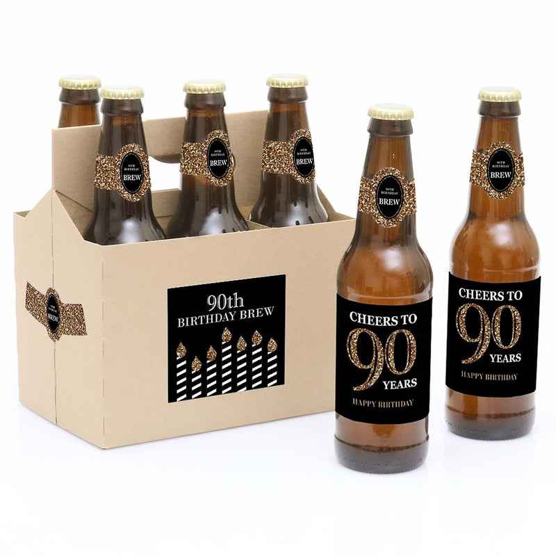 Adult 90th Birthday - Gold - Decorations for Women and Men - 6 Beer Bottle Labels and 1 Carrier - Birthday Gift