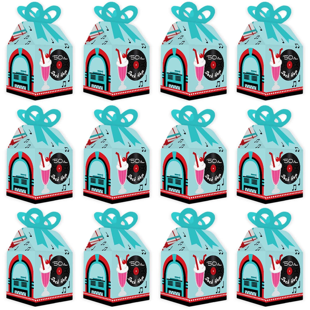 50's Sock Hop - Square Favor Gift Boxes - 1950s Rock N Roll Party Bow Boxes - Set of 12