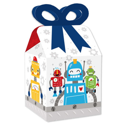 Gear Up Robots - Square Favor Gift Boxes -Birthday Party or Baby Shower Bow Boxes - Set of 12