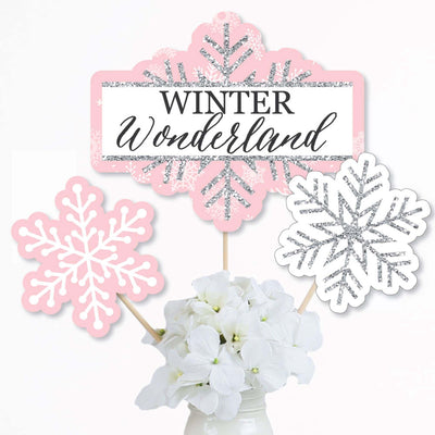 Pink Winter Wonderland - Holiday Snowflake Birthday Party and Baby Shower Party Centerpiece Sticks - Table Toppers - Set of 15