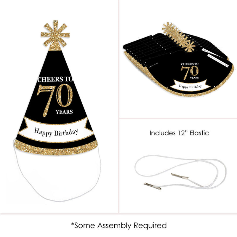 Adult 70th Birthday - Gold - Cone Birthday Party Hats for Adults - Set of 8 (Standard Size)