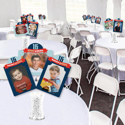 Boy 16th Birthday - Sweet Sixteen Birthday Party Picture Centerpiece Sticks - Photo Table Toppers - 15 Pieces