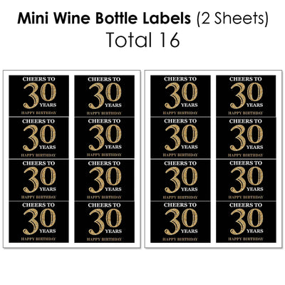 Adult 30th Birthday - Gold - Mini Wine Bottle Labels, Wine Bottle Labels and Water Bottle Labels - Birthday Party Decorations - Beverage Bar Kit - 34 Pieces