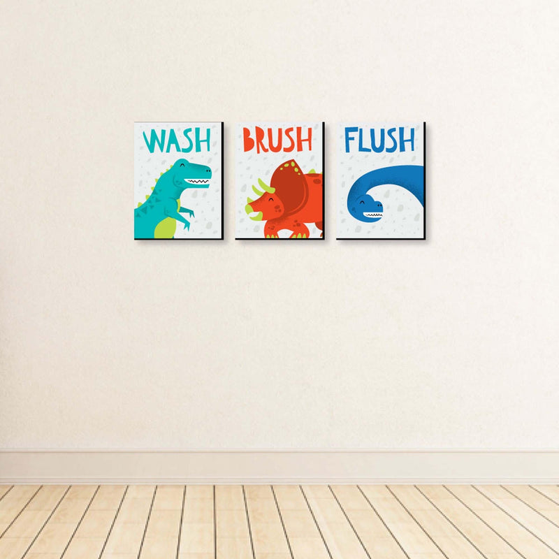 Roar Dinosaur - Kids Bathroom Rules Wall Art - 7.5 x 10 inches - Set of 3 Signs - Wash, Brush, Flush