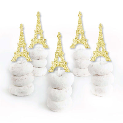 Gold Glitter Eiffel Tower - No-Mess Real Gold Glitter Dessert Cupcake Toppers - Paris Themed Baby Shower or Birthday Party Clear Treat Picks - Set of 24