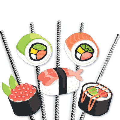 Let's Roll - Sushi - Paper Straw Decor - Japanese Party Striped Decorative Straws - Set of 24