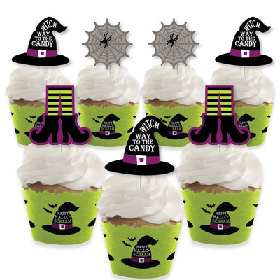 Happy Halloween - Cupcake Decorations - Witch Party Cupcake Wrappers and Treat Picks Kit - Set of 24