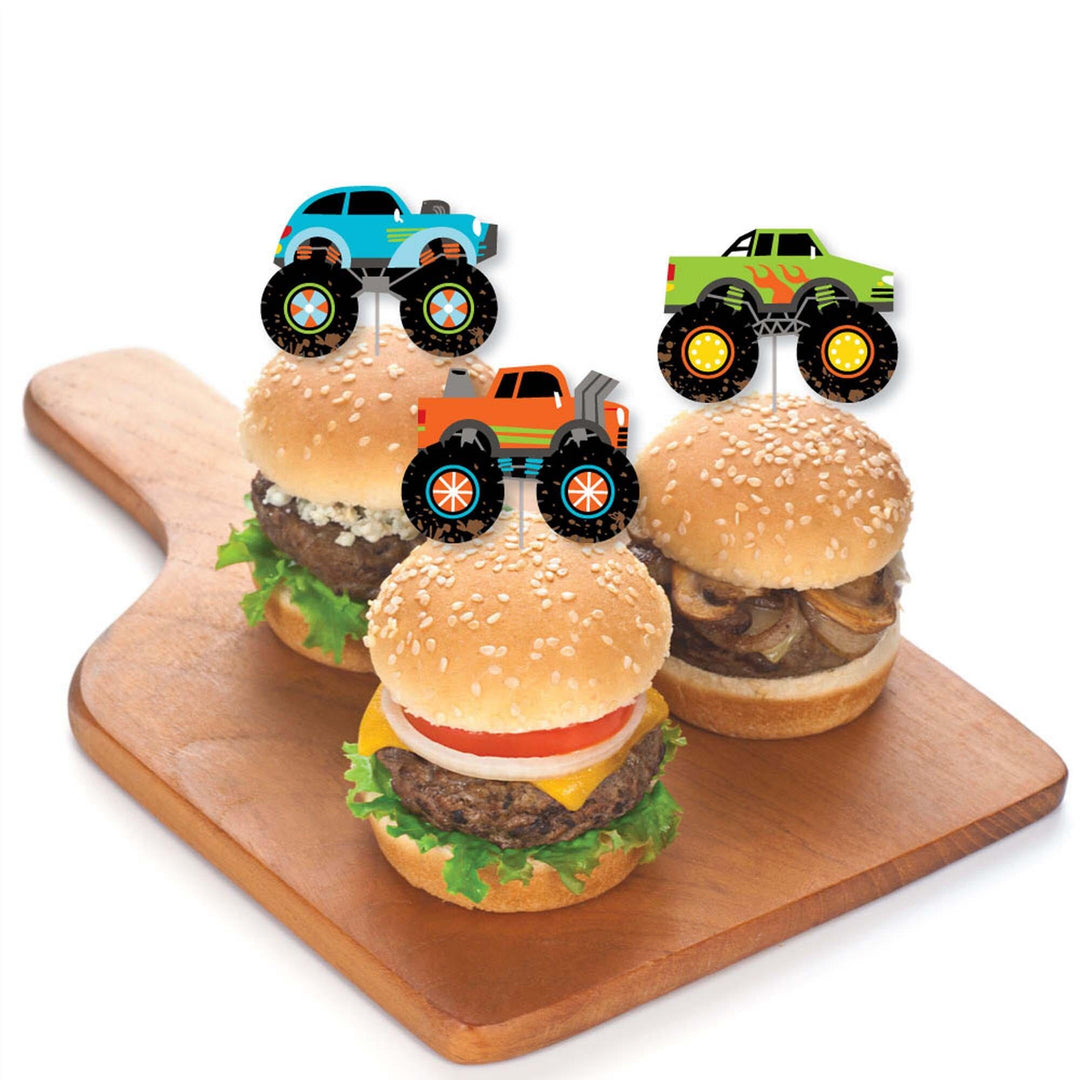 Smash and Crash - Monster Truck - Dessert Cupcake Toppers - Boy Birthday Party Clear Treat Picks - Set of 24