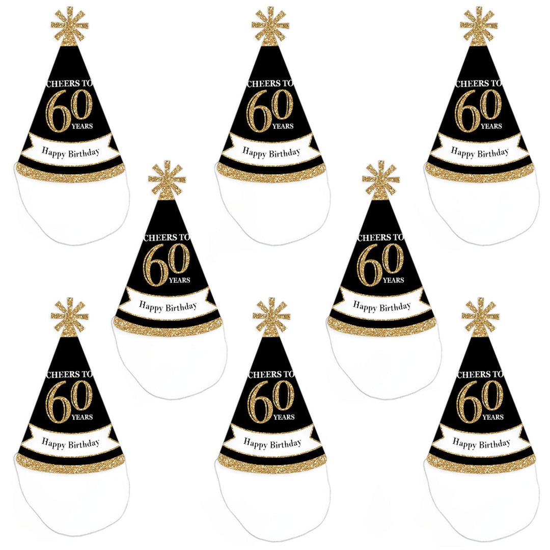 Adult 60th Birthday - Gold - Cone Birthday Party Hats for Adults - Set of 8 (Standard Size)