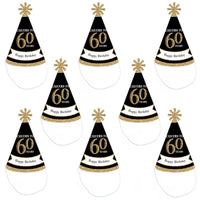 Adult 60th Birthday - Gold - Cone Birthday Party Hats for Adults - Set of 8 (Standard Size)