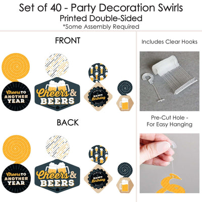 Cheers and Beers Happy Birthday - Birthday Party Hanging Decor - Party Decoration Swirls - Set of 40