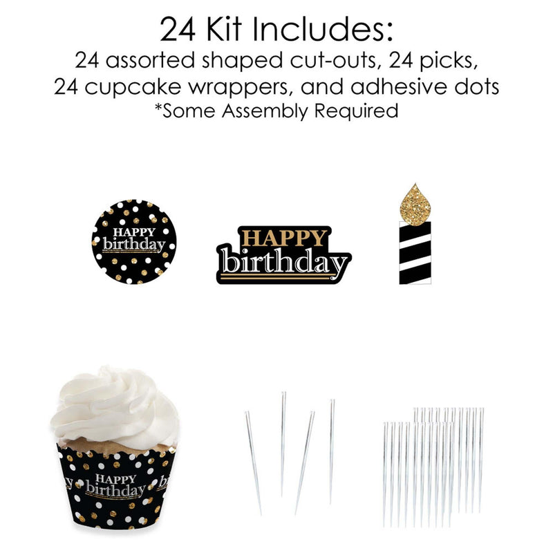 Adult Happy Birthday - Gold - Cupcake Decoration - Birthday Party Cupcake Wrappers and Treat Picks Kit - Set of 24