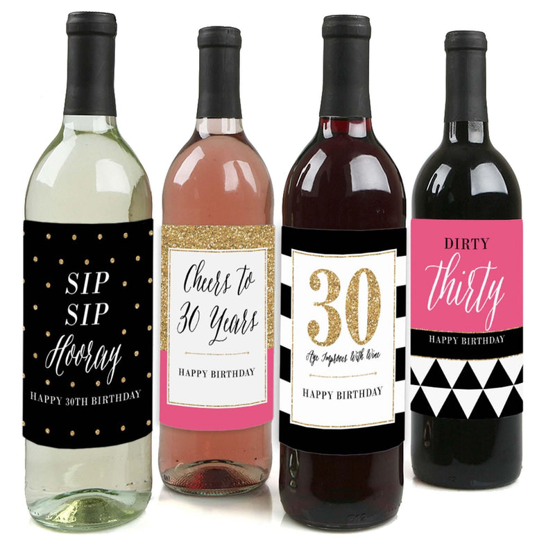 Chic 30th Birthday - Pink, Black and Gold - Decorations for Women - Wine Bottle Label Birthday Party Gift - Set of 4