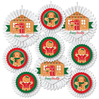 Gingerbread Christmas - Hanging Gingerbread Man Holiday Party Tissue Decoration Kit - Paper Fans - Set of 9