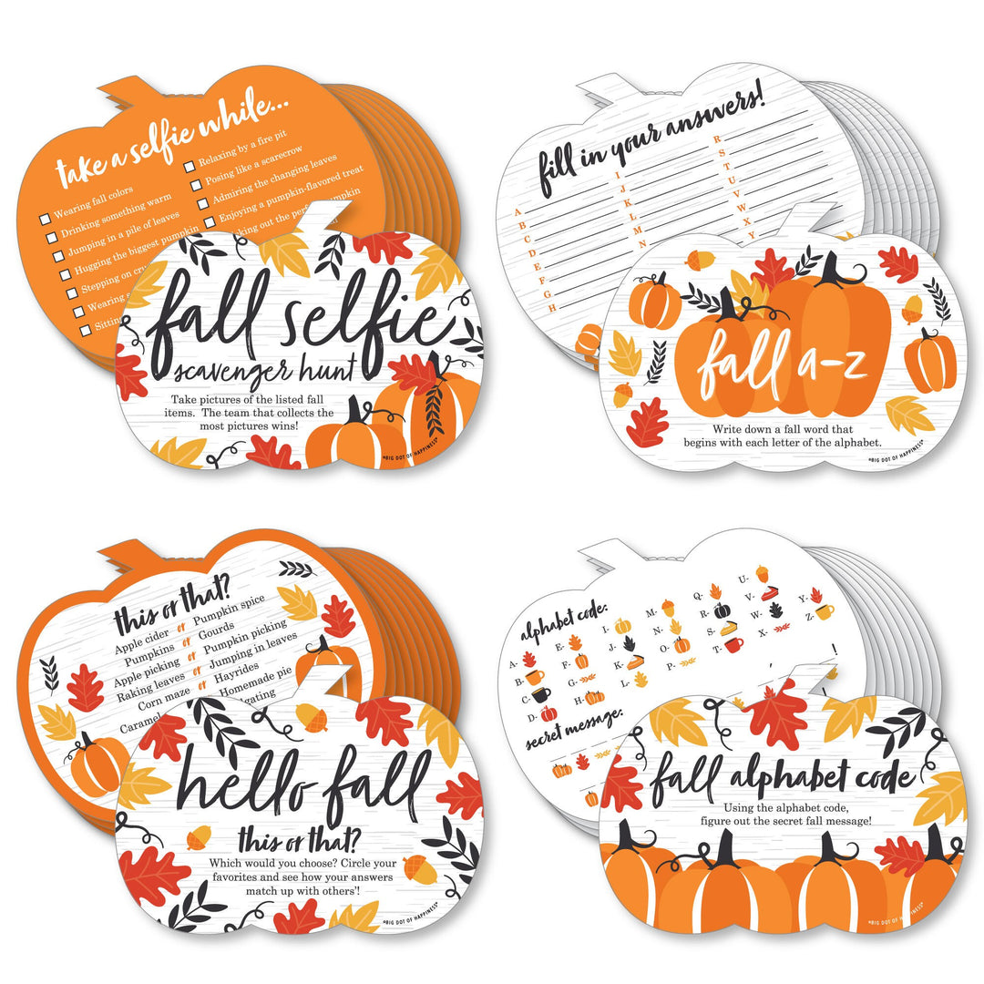 A set of four double-sided fall-themed party game cards titled Fall Pumpkin - 4 Halloween or Thanksgiving Party Games. Each card has a pumpkin shape with orange and white colors and includes various fall-related activities such as a scavenger hunt, A-Z game, this or that, and alphabet code.