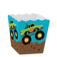 A square-shaped party favor box with a die-cut top, featuring an illustration of a monster truck in blue and green colors on a white background.