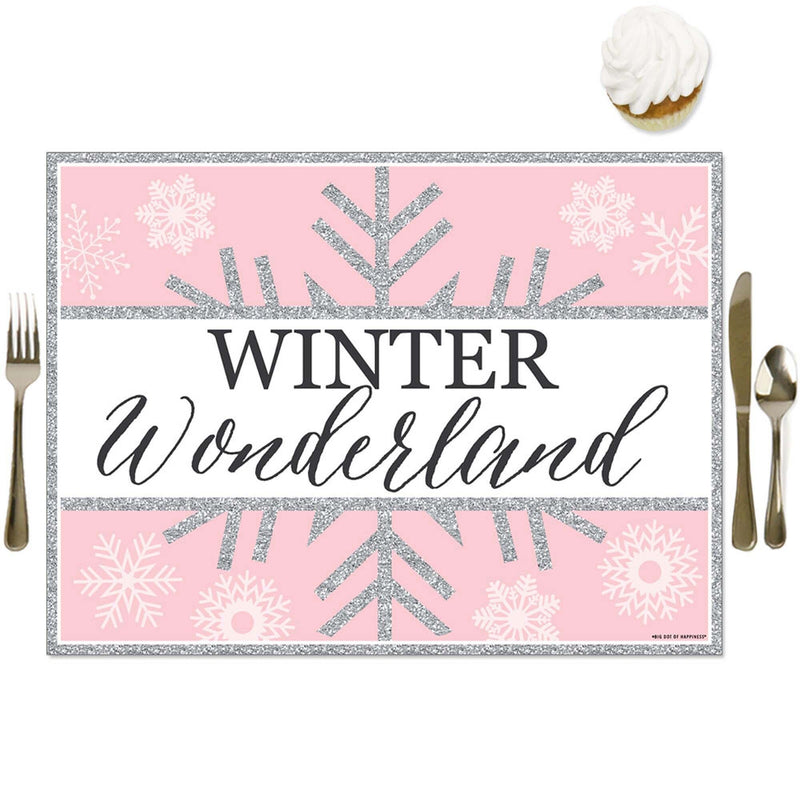 Pink Winter Wonderland - Party Table Decorations - Holiday Snowflake Birthday Party and Baby Shower Placemats - Set of 16