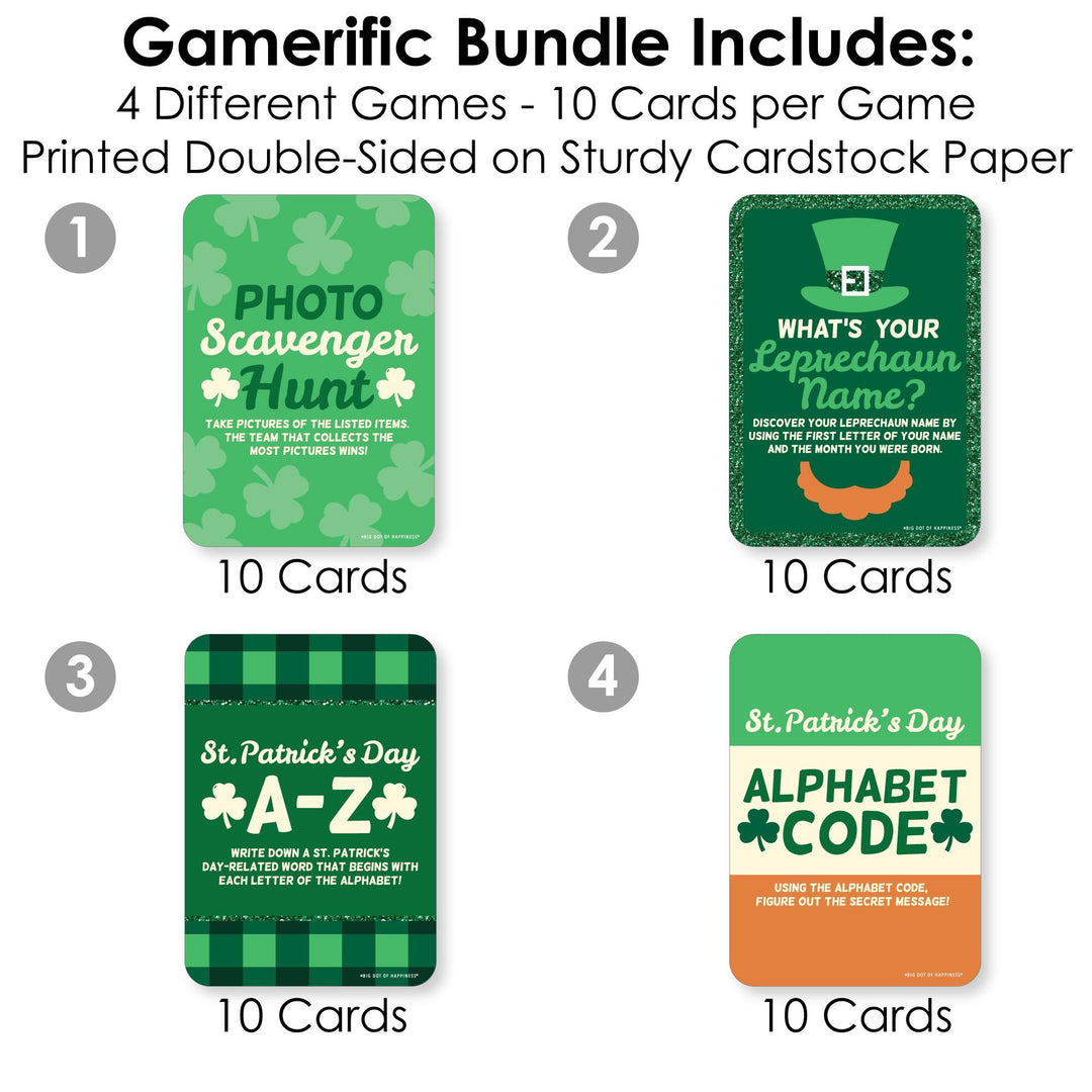 St. Patrick's Day - 4 Saint Patty's Day Party Games - 10 Cards Each - Photo Scavenger Hunt, What's Your Leprechaun Name, A-Z, Alphabet Code - Gamerific Bundle