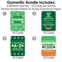 St. Patrick's Day - 4 Saint Patty's Day Party Games - 10 Cards Each - Photo Scavenger Hunt, What's Your Leprechaun Name, A-Z, Alphabet Code - Gamerific Bundle