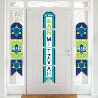 Blue Bar Mitzvah - Hanging Vertical Paper Door Banners - Boy Party Wall Decoration Kit - Indoor Door Decor