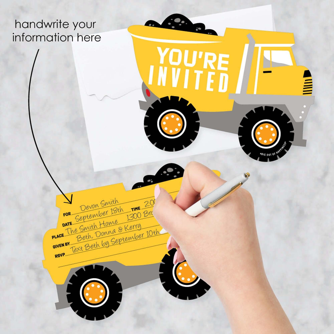 Dig It - Construction Party Zone - Shaped Fill-In Invitations - Baby Shower or Birthday Party Invitation Cards with Envelopes - Set of 12