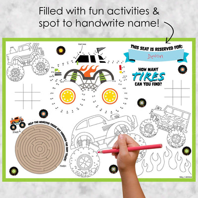 Smash and Crash - Monster Truck - Paper Birthday Party Coloring Sheets - Activity Placemats - Set of 16