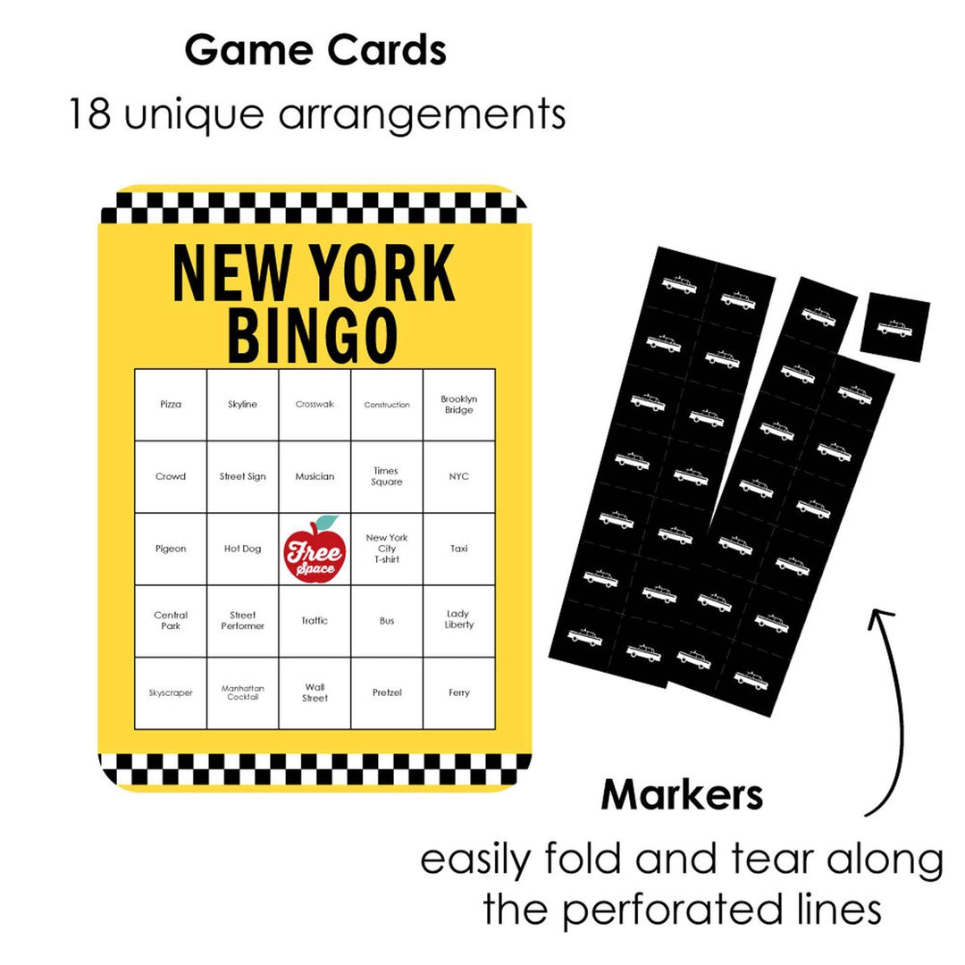 NYC Cityscape - Bar Bingo Cards and Markers - New York City Party Bingo Game - Set of 18