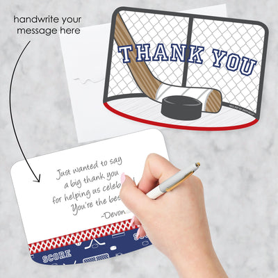 Shoots & Scores! - Hockey - Shaped Thank You Cards - Baby Shower or Birthday Party Thank You Note Cards with Envelopes - Set of 12
