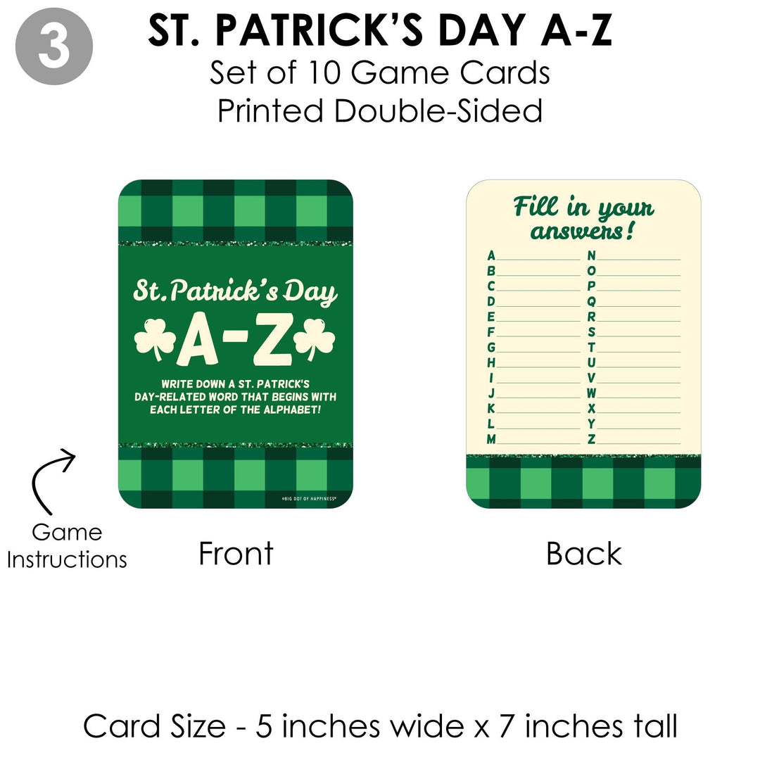 St. Patrick's Day - 4 Saint Patty's Day Party Games - 10 Cards Each - Photo Scavenger Hunt, What's Your Leprechaun Name, A-Z, Alphabet Code - Gamerific Bundle