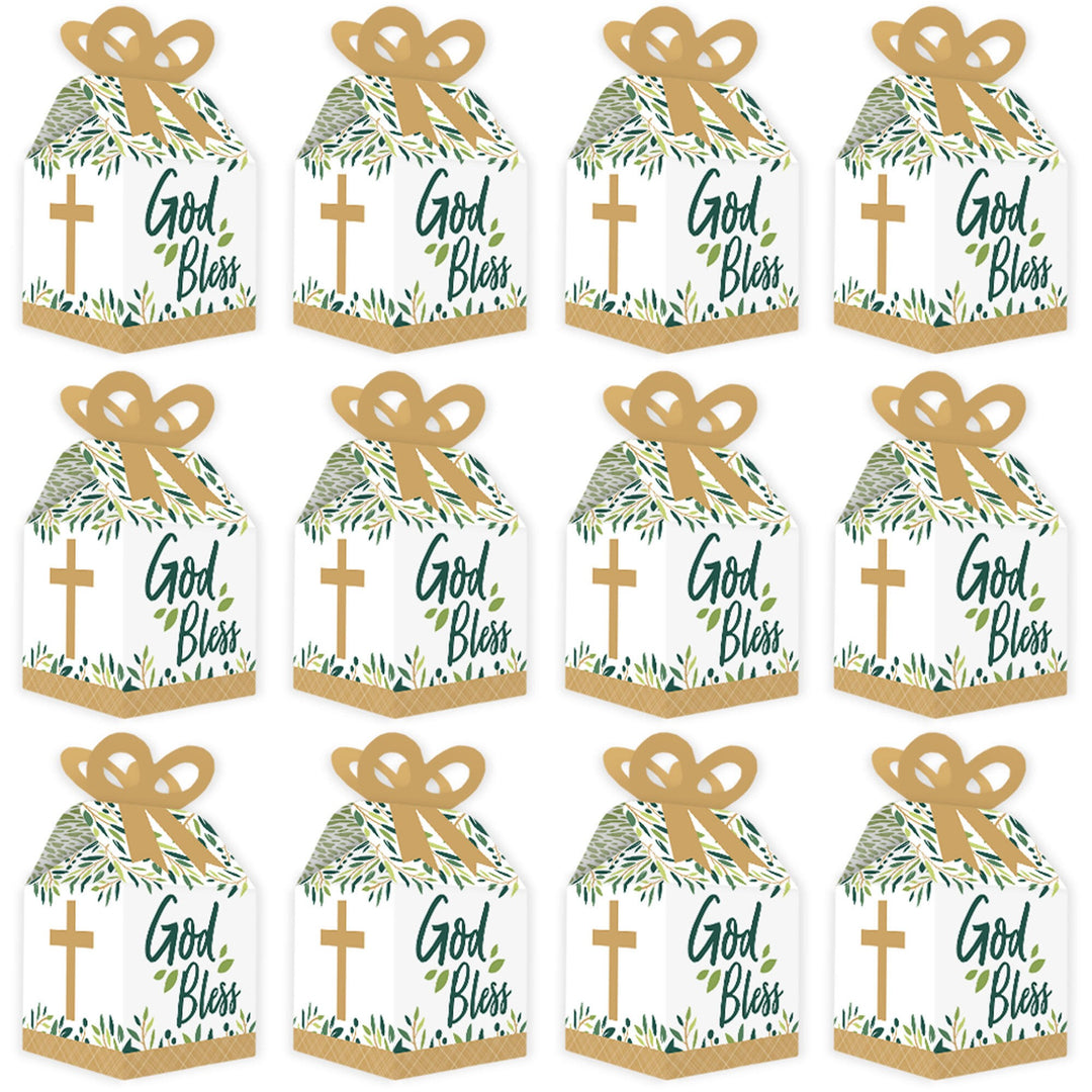 Elegant Cross - Square Favor Gift Boxes - Religious Party Bow Boxes - Set of 12