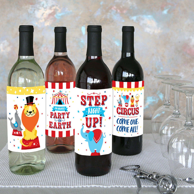 Carnival - Step Right Up Circus - Carnival Themed Party Decorations for Women and Men - Wine Bottle Label Stickers - Set of 4