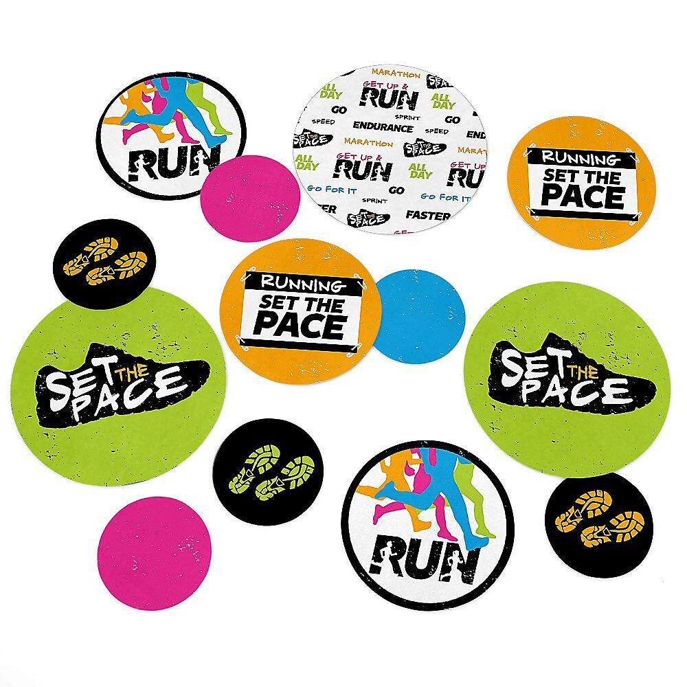 A collection of large round confetti pieces in various sizes with the text 'RUN' and 'SET THE PACE' on them. The confetti comes in different colors including black, pink, blue, green, and yellow.