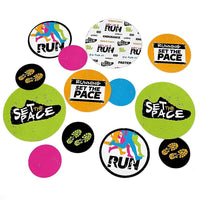 A collection of large round confetti pieces in various sizes with the text 'RUN' and 'SET THE PACE' on them. The confetti comes in different colors including black, pink, blue, green, and yellow.