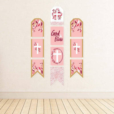 Pink Elegant Cross - Hanging Vertical Paper Door Banners - Girl Religious Party Wall Decoration Kit - Indoor Door Decor
