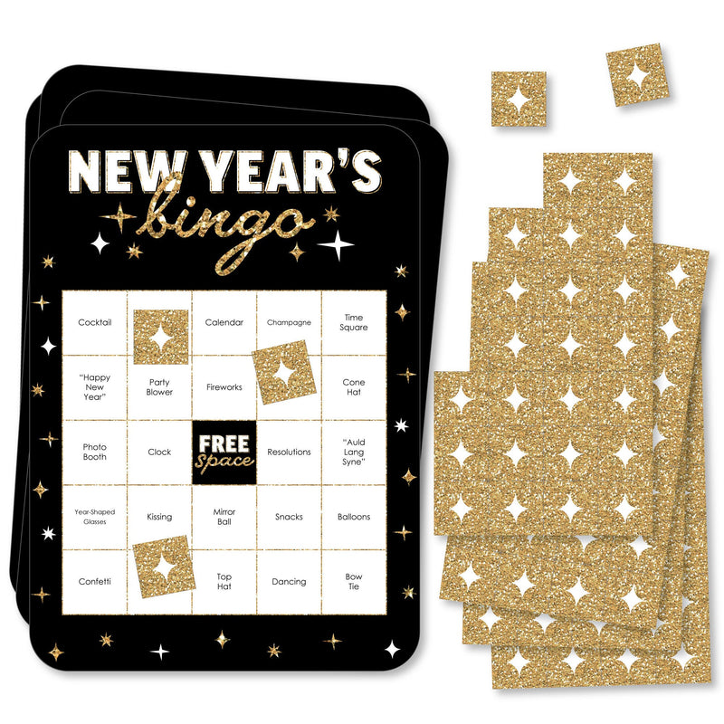 Hello New Year - Bar Bingo Cards and Markers - NYE Party Bingo Game - Set of 18