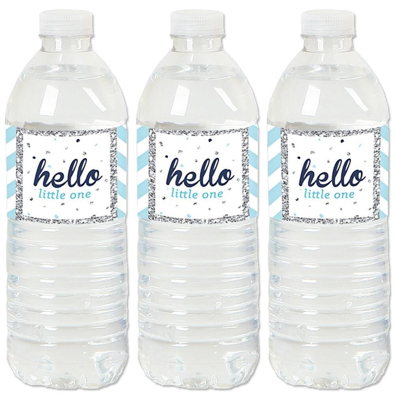 Hello Little One - Blue and Silver - Boy Baby Shower Water Bottle Sticker Labels - Set of 20