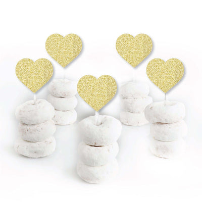 Gold Glitter Heart - No-Mess Real Gold Glitter Dessert Cupcake Toppers - Conversation Hearts Valentine's Day Party Clear Treat Picks - Set of 24