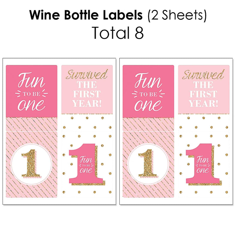 1st Birthday Girl - Fun to be One - Mini Wine Bottle Labels, Wine Bottle Labels and Water Bottle Labels - First Birthday Party Decorations - Beverage Bar Kit - 34 Pieces