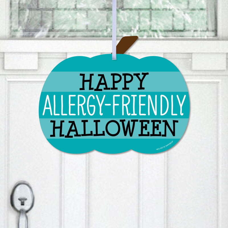 Teal Pumpkin - Hanging Porch Halloween Allergy Friendly Trick or Trinket Outdoor Decorations - Front Door Decor - 1 Piece Sign