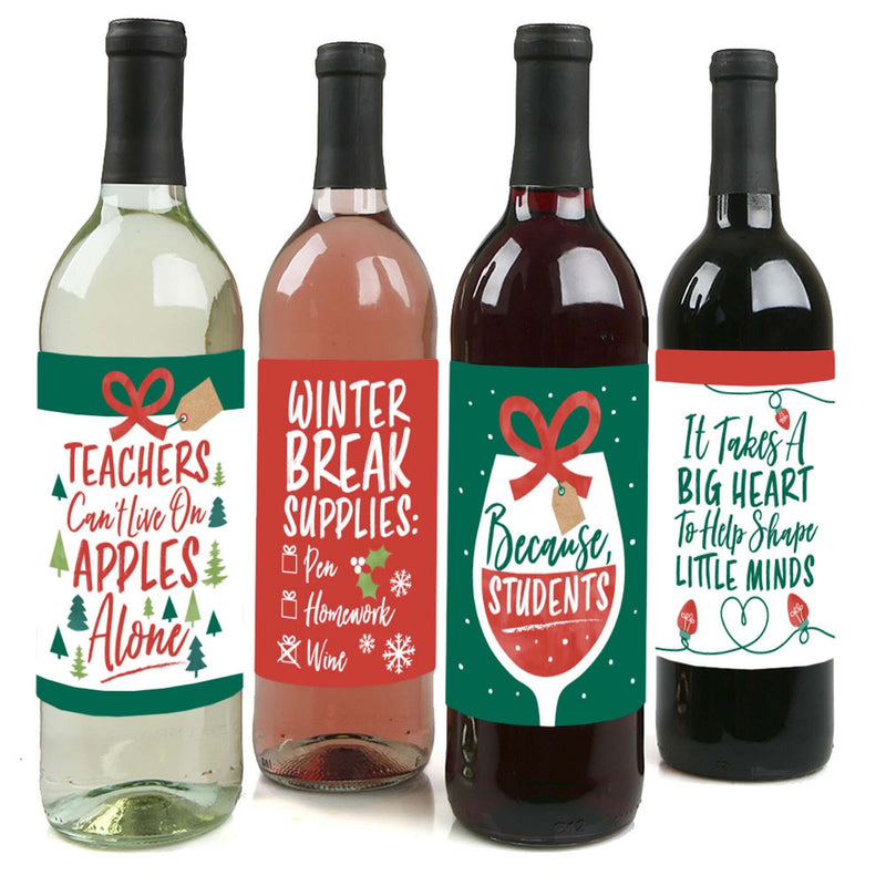 Teacher Holiday Presents - Teacher Appreciation Christmas Gifts Decorations for Women and Men - Wine Bottle Label Stickers - Set of 4