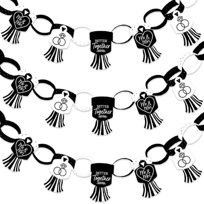 Mr. and Mrs. - 90 Chain Links and 30 Paper Tassels Decoration Kit - Black and White Wedding or Bridal Shower Paper Chains Garland - 21 feet