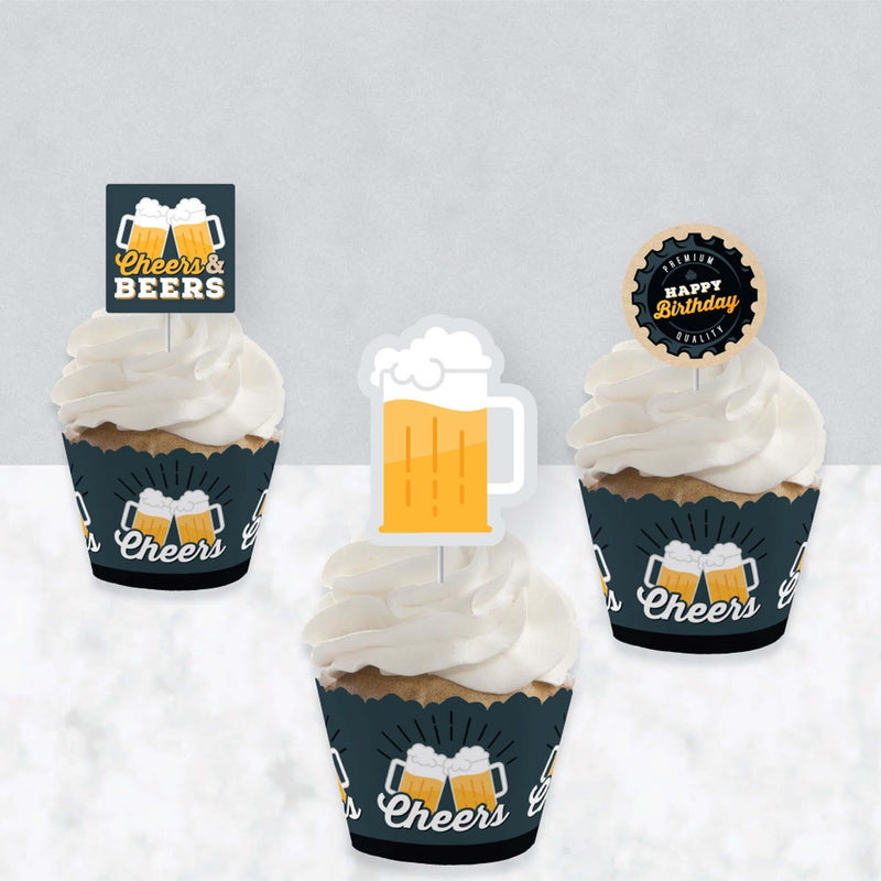 Cheers and Beers Happy Birthday - Cupcake Decoration - Birthday Party Cupcake Wrappers and Treat Picks Kit - Set of 24