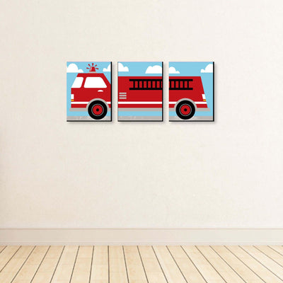 Fired Up Fire Truck - Boy Firefighter Firetruck Nursery Wall Art and Kids Room Decor - 7.5 x 10 inches - Set of 3 Prints
